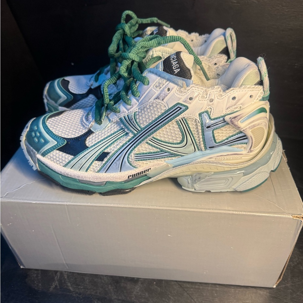 Balenciaga Runner White and Teal Sneakers - Picture 3 of 5